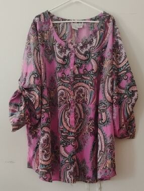 Roaman's Pink Paisley Print Button-Front Tunic
